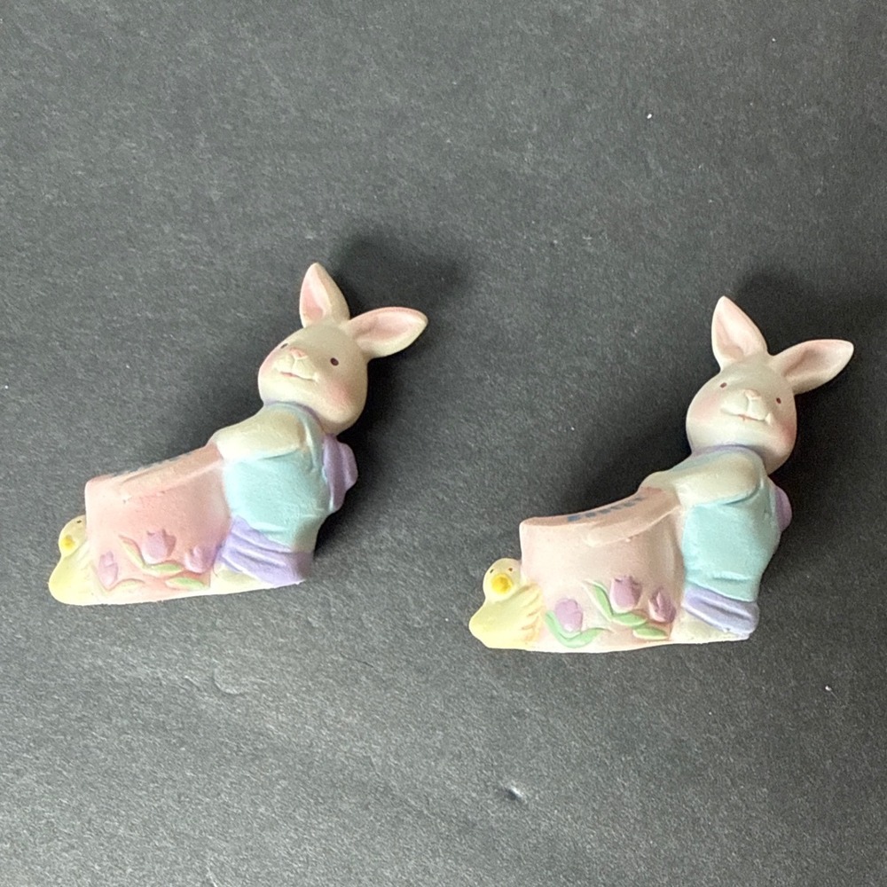 Russ Happy Easter Bunny Rabbit Candle Holders Set of 2 Pastel Ceramic Tulips